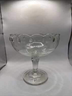 Vintage Clear Pressed Glass Pedestal Compote Bowl Scalloped Rim 7.5” *